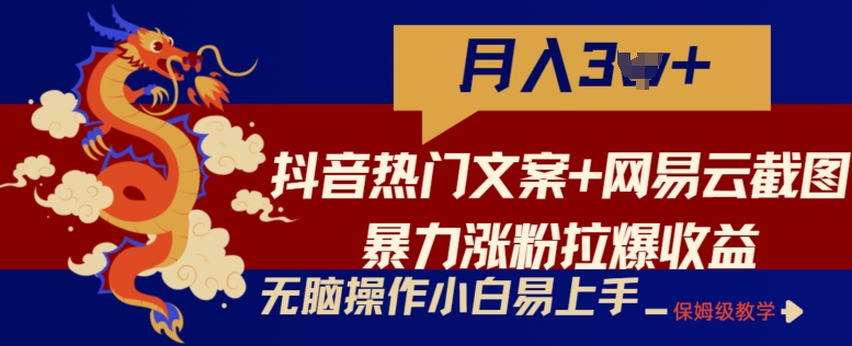 抖音热门文案+网易云截图暴力涨粉拉爆收益玩法，小白无脑操作，简单易上手-800资源网