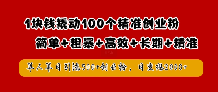 1块钱撬动100个精准创业粉，简单粗暴高效长期精准，单人单日引流500+创业粉，日变现2k-800资源网