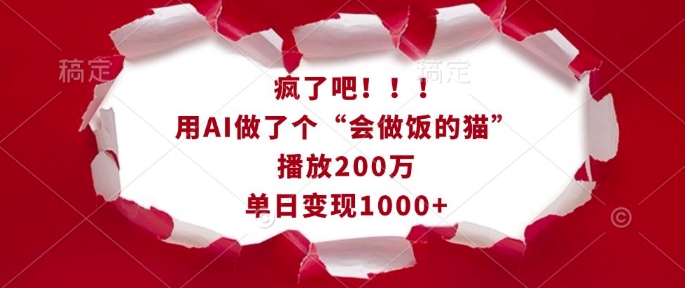 疯了吧！用AI做了个“会做饭的猫”，播放200万，单日变现1k-800资源网