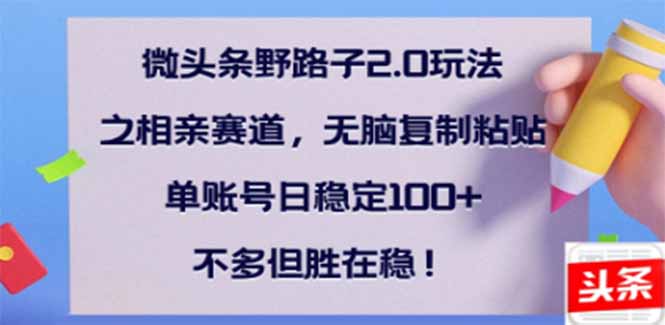 微头条野路子2.0玩法之相亲赛道，无脑搬砖复制粘贴，单账号日稳定300+…-800资源网