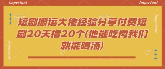 短剧搬运大佬经验分享付费短剧20天撸20个(他能吃肉我们就能喝汤)-800资源网