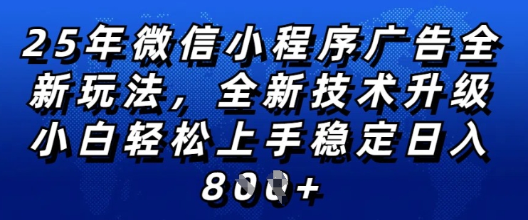 2025年微信小程序全新玩法纯小白易上手，稳定日入多张，技术全新升级，全网首发-800资源网