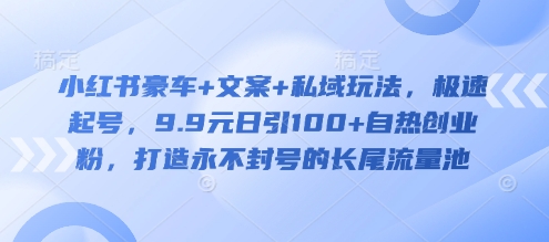 小红书豪车+文案+私域玩法，极速起号，9.9元日引100+自热创业粉，打造永不封号的长尾流量池-800资源网