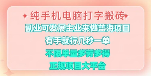 纯手机电脑打字搬砖，有手就行，几秒一单，多劳多得，正规项目大平台-800资源网