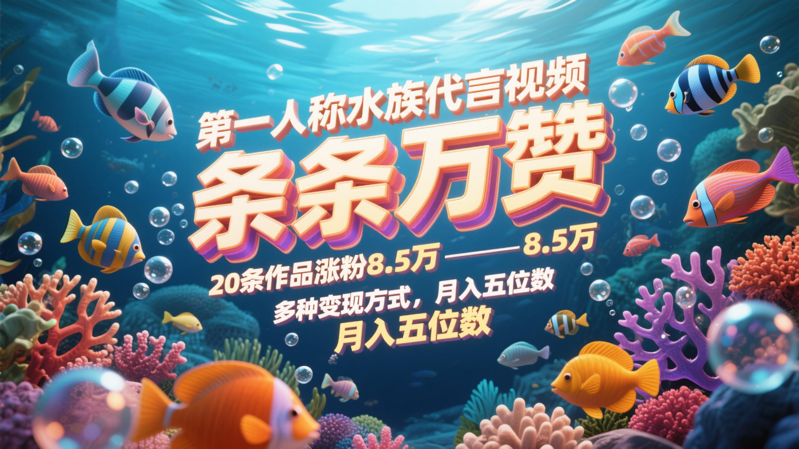 第一人称水族代言视频，条条万赞，20条作品涨粉8.5万，多种变现方式月，入五位数-800资源网
