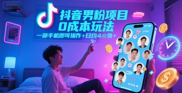 抖音男粉项目0成本玩法，一部手机即可操作，日均4张+，时间自由-800资源网