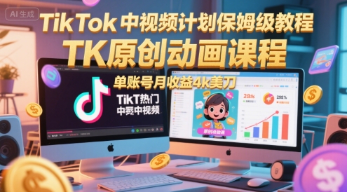 TikTok中视频计划保姆级教程，TK原创动画课程，单账号月收益4k美刀-800资源网