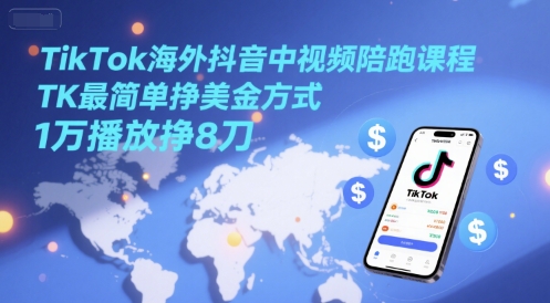 TikTok海外抖音中视频陪跑课程，TK最简单挣美金方式，1万播放挣8刀-800资源网