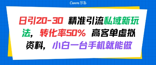日引 20-30 精准引流私域新玩法，转化率50% 高客单虚拟资料，小白一台手机就能做-800资源网