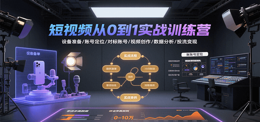 短视频从0到1实战训练营：设备准备/账号定位/对标账号/视频创作/数据分析/投流变现-800资源网