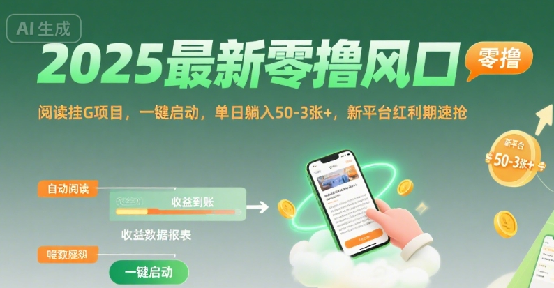 2025最新零撸风口，阅读挂G项目，一键启动，单日躺入 50-3张+，新平台红利期速抢-800资源网