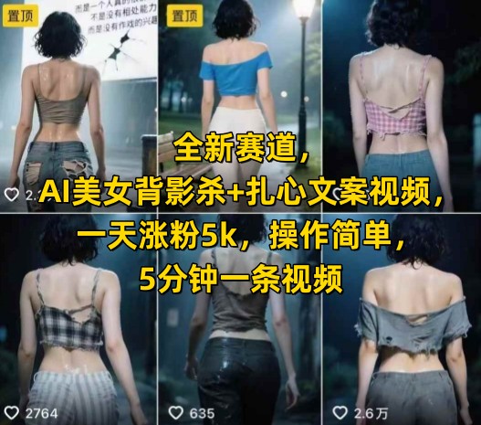 全新赛道，AI美女背影杀+扎心文案视频，一天涨粉5k，操作简单，5分钟一条视频-800资源网