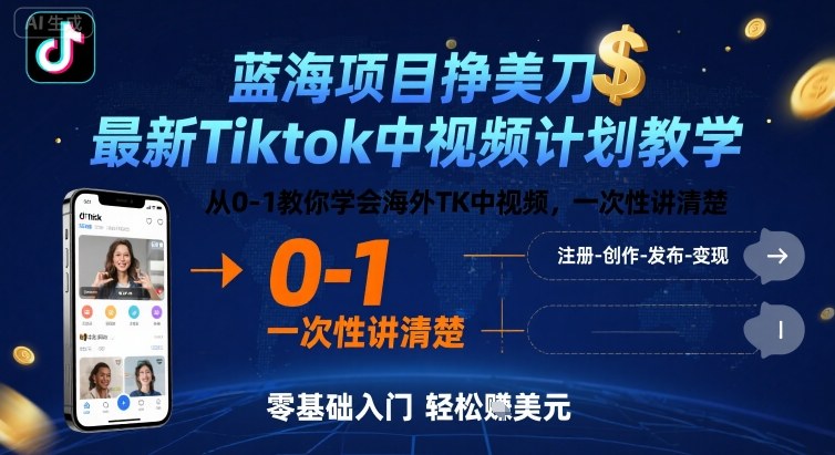 蓝海项目挣美刀，最新Tiktok中视频计划教学，从0-1教你学会海外TK中视频，一次性讲清楚-800资源网