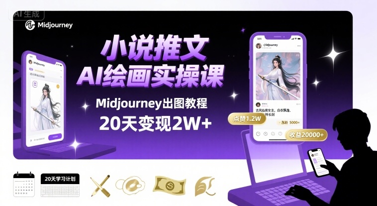 小说推文干货分享之AI绘画MJ出图实操课，用Midjourney做小说推文，20天挣2w-800资源网