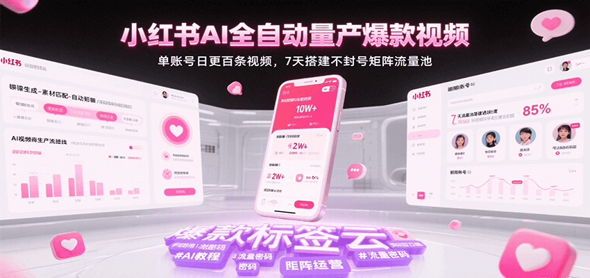小红书AI全自动量产爆款视频，单账号日更百条视频，7天搭建不封号矩阵流量池-800资源网