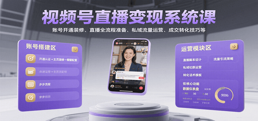 视频号直播变现系统课，账号开通装修、直播全流程准备、私域流量运营、成交转化技巧等-800资源网