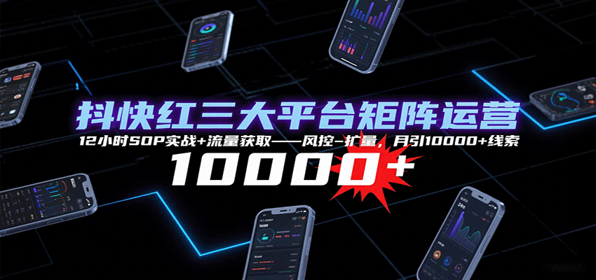 抖快红三大平台矩阵运营，12小时SOP实战+流量获取-风控-扩量，月引10000+线索-800资源网