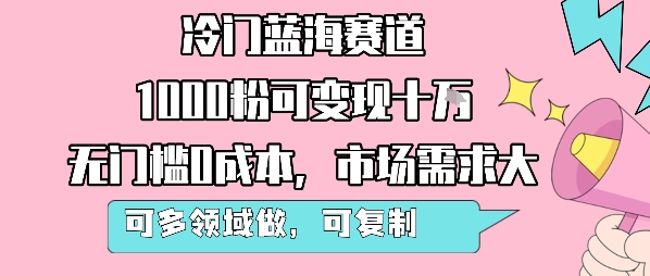 冷门蓝海赛道，1000粉可变现十W，无门槛0成本，市场需求大，可多领域做，可复制性强-800资源网