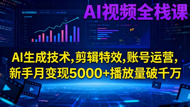 AI视频全栈课:AI生成技术,剪辑特效,账号运营,新手月变现5000+播放量破千万-800资源网
