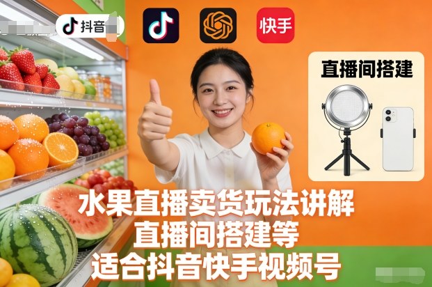 水果直播卖货玩法讲解、直播间搭建等，适合抖音快手视频号-800资源网