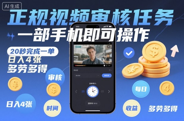 正规视频审核任务，一部手机即可操作，20秒完成一单，日入4张，多劳多得-800资源网