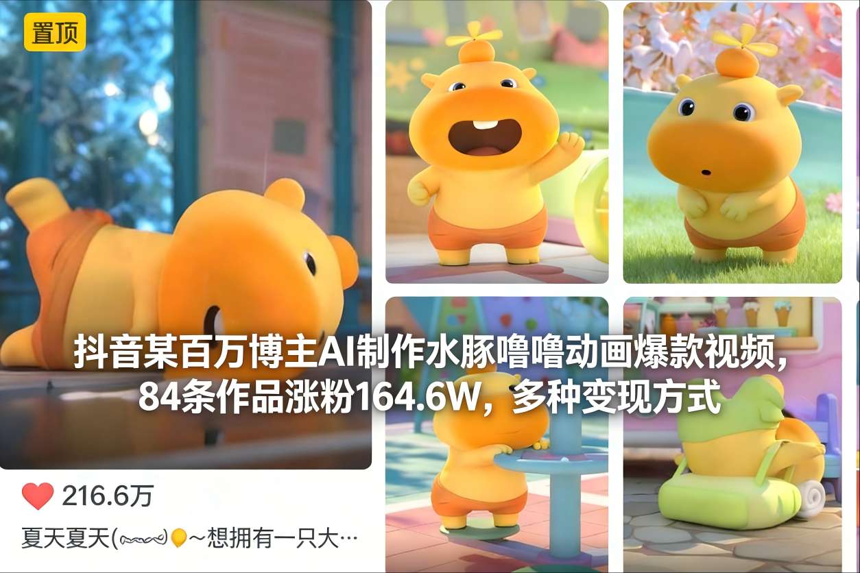 抖音某百万博主AI制作水豚噜噜动画爆款视频，84条作品涨粉164.6W，多种变现方式-800资源网