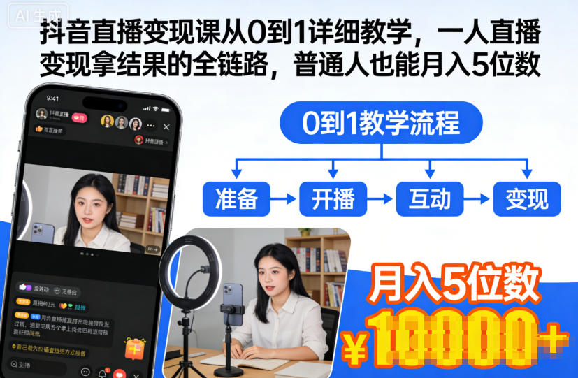 抖音直播变现课从0到1详细教学，一人直播变现拿结果的全链路，普通人也能月入5位数-800资源网