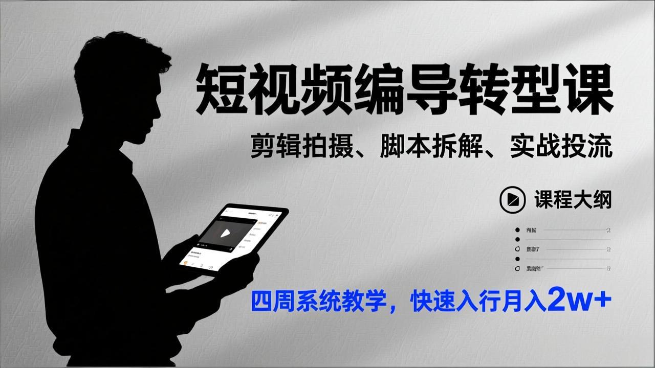 短视频编导转型课，剪辑拍摄、脚本拆解、实战投流，四周系统教学，快速入行月入2w+-800资源网