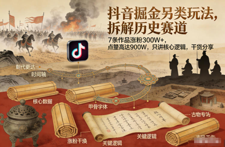 抖音掘金另类玩法，拆解历史赛道，7条作品涨粉300W+，点赞量高达900W，只讲核心逻辑，干货分享-800资源网