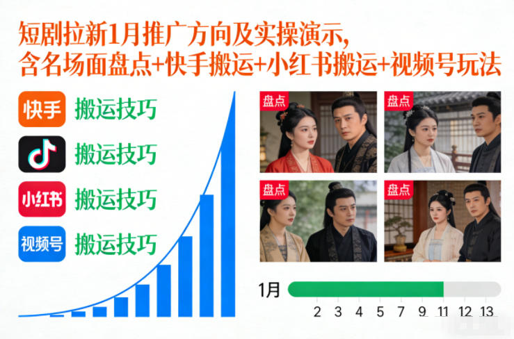 短剧拉新1月推广方向及实操演示，含名场面盘点+快手搬运+小红书搬运+视频号玩法-800资源网