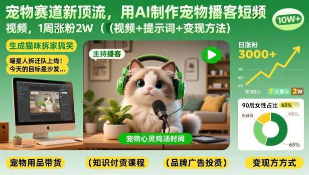 宠物赛道新顶流，用AI制作宠物播客短视频，1周涨粉2W（视频+提示词+变现方法）-800资源网